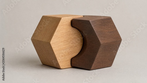 Tapety artystyczne Two minimalist wooden geometric shapes, convex and concave, interlocked.