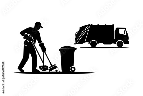 Fotografi Silhouette of a sanitation worker sweeping street near garbage truck with sanita