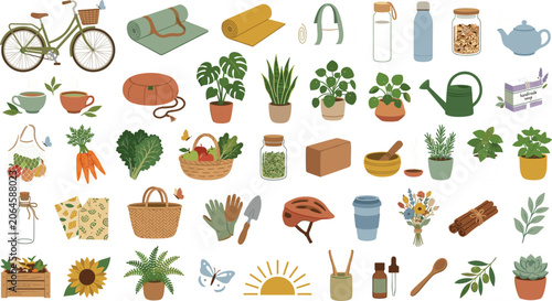 Flat illustration of gardening and outdoor lifestyle icons set