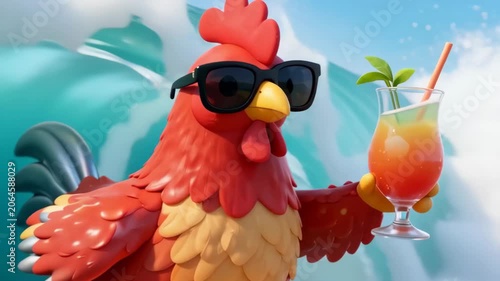 Playful cartoon chicken riding a surfboard on an ocean wave while holding a tropical drink. Fun summer vacation concept with humor, surfing, and beach lifestyle.