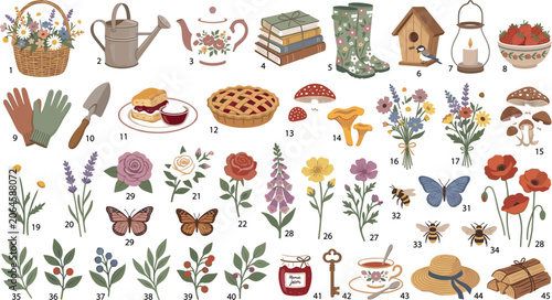 Colorful collection of gardening and kitchen tools with flowers and food icons