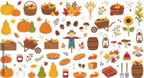 Colorful autumn harvest illustration with scarecrow and farm tools