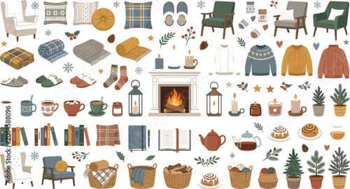 Cozy living room and fireplace flat illustrations set with home decor items