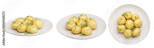 Boiled young potatoes with dill on plate isolated