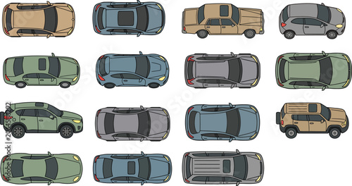 Cars Top View Flat Vector Illustration Set Automobile Overhead Collection