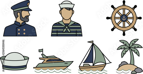 Nautical Sailor Captain Icon Set Vector Flat Illustration Sea Marine Ship Elements