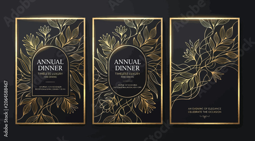 Quadro su tela Luxury annual dinner invitation card set with gold floral motifs on, elegant bot