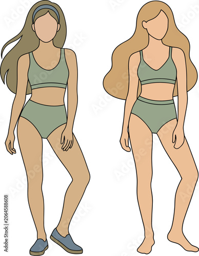 Female Body Fashion Flat Illustration Swimwear Croqui Template Vector Design
