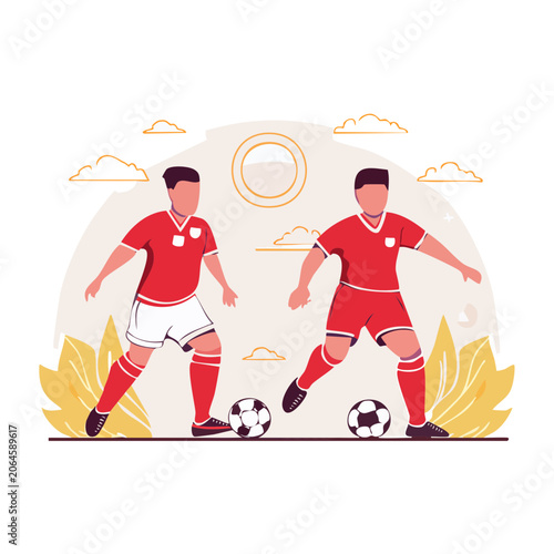 Flat design illustration of soccer players with balls