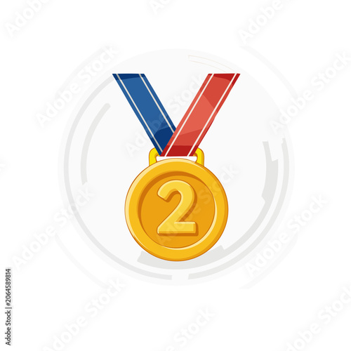 Second place gold medal with blue and red ribbon