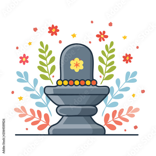 Shiva Lingam with Floral Decorations in Flat Design