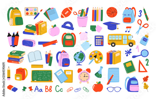 A collection of school supplies and educational icons. Backpacks, stationery, books, a school bus, a globe, and learning equipment for students. Study elements.