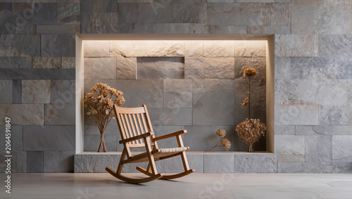 Minimalist Indoor Scene with Rocking Chair and Stone Wall Niche