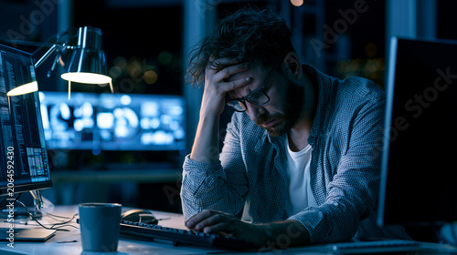 Man stressed by artificial intelligence replacing tasks and increasing expectations , burnout work , sad work, work late, alone man working in the office, photo style
