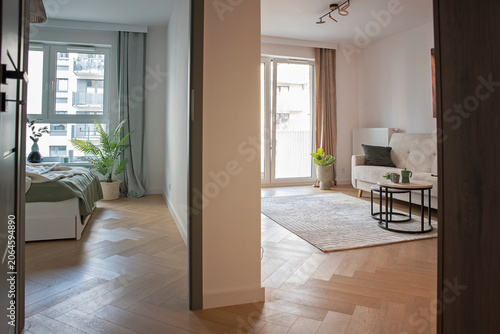 Interior of Living room and bedroom with one wall with wooden floor and window. New apartment with corridor.. Real estate.