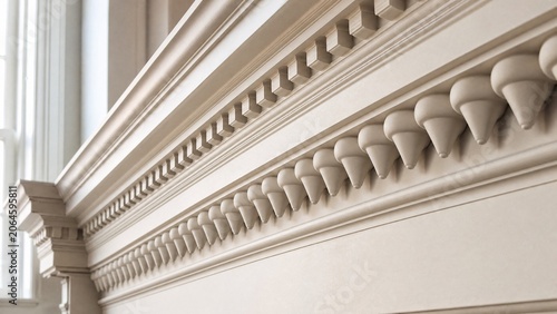 Classical architecture cornice featuring conical guttae details under soft window light.