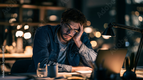 Young professional experiencing digital fatigue from nonstop remote work , burnout work , sad work, work late, alone man working in the office, photo style