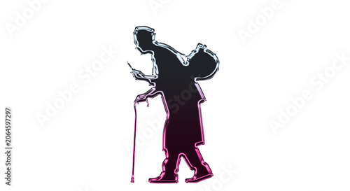 Person walking with cane on transparent background looking at phone