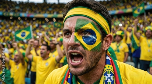 Brazilian soccer fan with face paint cheering at stadium