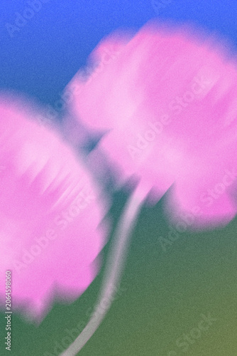 Abstract blurred ranunculus flowers with grainy noise effect on blue and green gradient background. Trendy summer banner template for promo sales, flyers, and marketing backdrops.