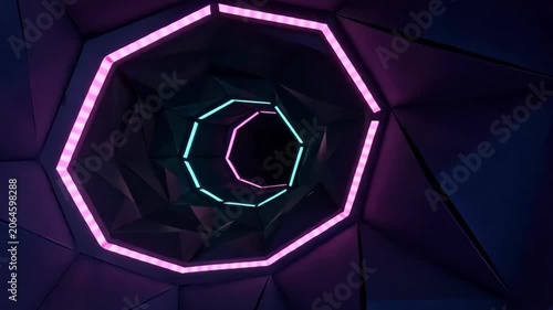 Abstract neon tunnel formed by glowing geometric light rings creating a futuristic depth effect. Dynamic technology background ideal for digital media, gaming, motion graphics, and sci-fi projects.