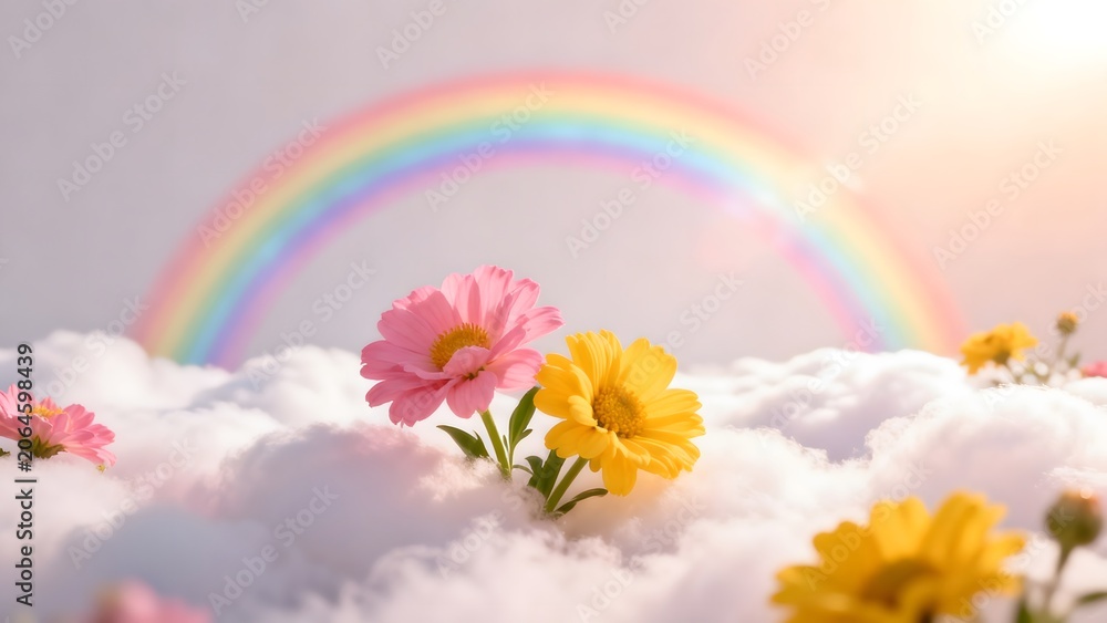 Naklejka premium Flowers in clouds with rainbow