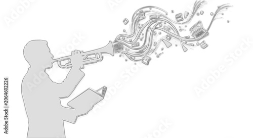 Foto Musician blows trumpet with notes and objects emerging on transparent background