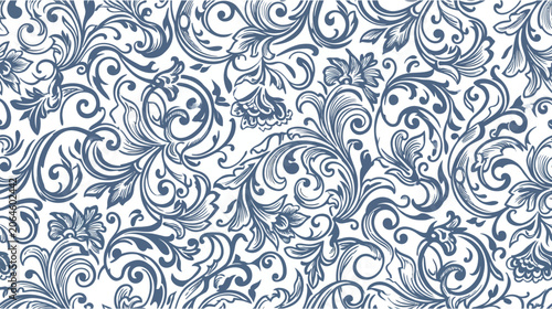 Elegant blue floral seamless pattern on white background, vintage damask style
