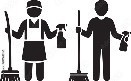 Cleaning service people with broom and spray icon.