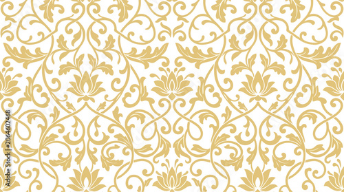 Elegant damask seamless pattern with floral motifs in gold and white