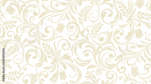 Elegant beige floral pattern on white background, vintage decorative element, seamless design