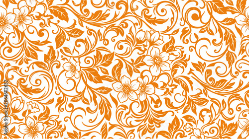 Orange floral seamless pattern with swirling vines and blossoms, vector graphic element.