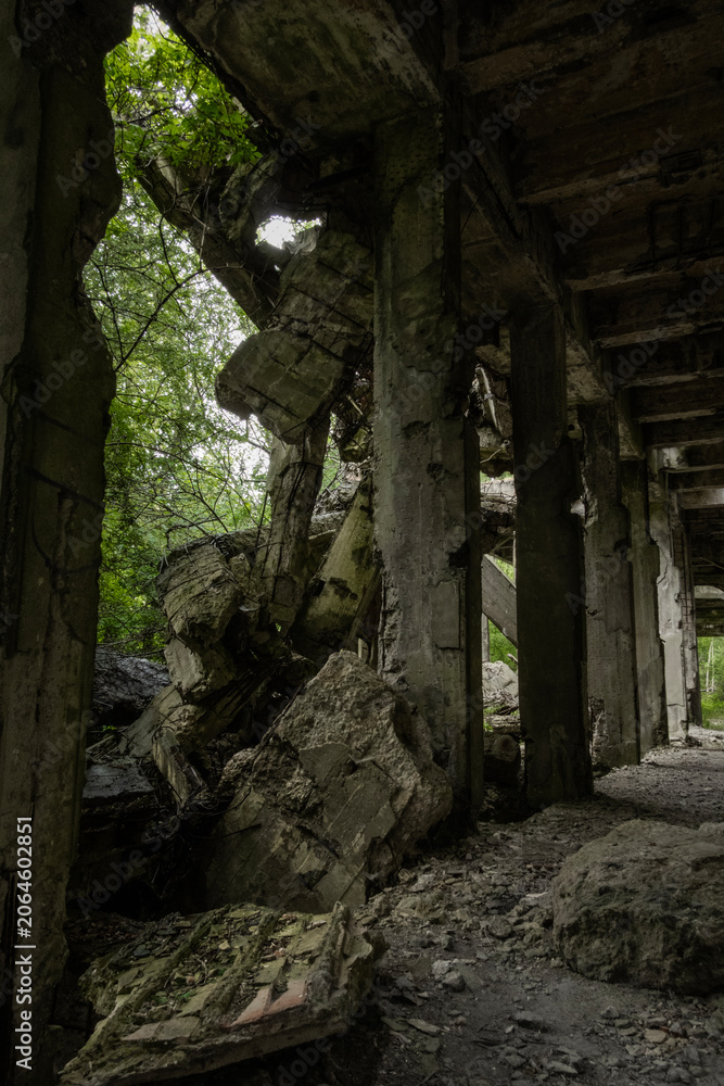 Naklejka premium Collapsed Concrete Building Ruins, Dark Post-Apocalyptic Demaged Factory Hidden Inside Dense Overgrown Forest.