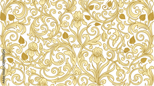 Golden floral seamless pattern with irises and acanthus leaves, ornate decorative background