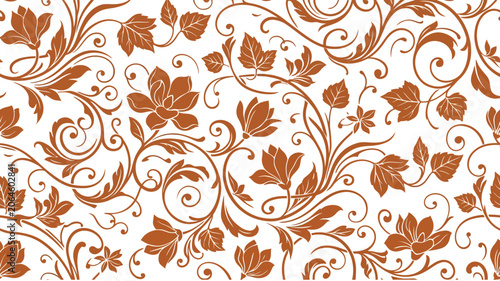 Elegant floral seamless pattern with swirling vines and leaves in rich brown on white