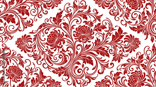 Red floral damask seamless pattern with ornate swirls and chrysanthemum motifs