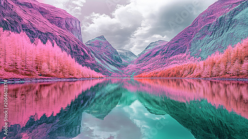 Dreamlike mountain landscape with colorful infrared tones, reflective water and dramatic sky. Surreal nature scenery with vibrant trees and tranquil atmosphere.