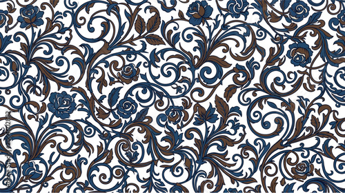 Ornate floral pattern with blue roses and brown leaves on white background