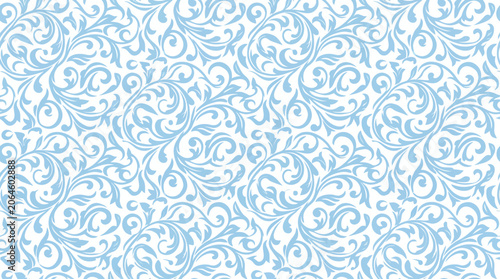 Light blue vintage floral pattern on white background, seamless vector illustration