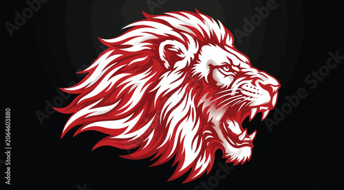 Schilderij op canvas Roaring lion head mascot logo, aggressive wild animal illustration in red and wh