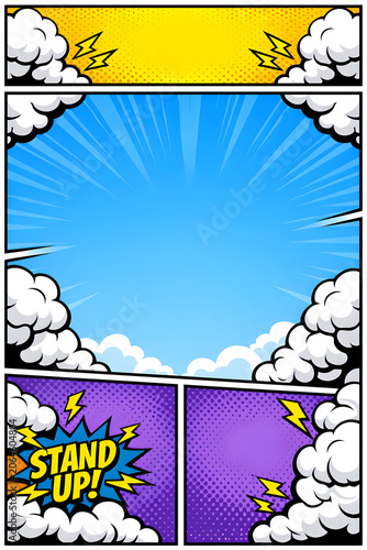 Comic book page template background with pop art halftone panels, blank blue sky speech clouds and stand up text expression