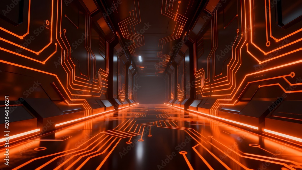Fototapeta premium Futuristic corridor with glowing circuit patterns