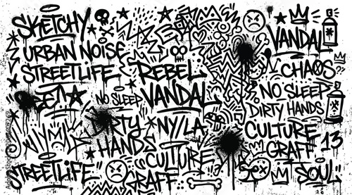 Quadro su tela Urban graffiti wall collage with various tags and street art symbols