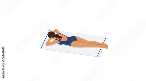 Tableau sur toile Woman in swimsuit sunbathing on a white towel.
