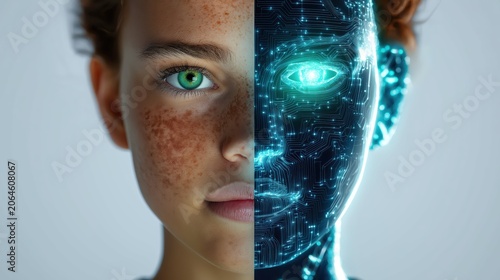 Half Human Half Cyborg Portrait of Young Person with Natural Features and Futuristic Cybernetic Enhancements.