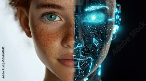 Half Human Half Cyborg Portrait of Young Person with Natural Features and Futuristic Cybernetic Enhancements.