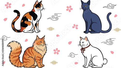 Fotografia Japanese Ukiyo-e Style Cat Breed Vector Set Featuring Calico, Russian Blue, Main