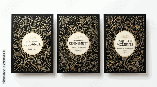 Canvastavla Set of six luxury invitation card designs with ornate gold filigree patterns bac