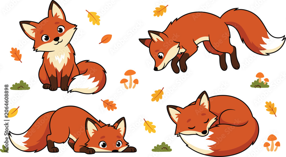 Obraz premium Cute Cartoon Red Fox Character Set with Poses of Sitting, Pouncing, Stalking, and Sleeping Curled Up with Autumn Leaves and Mushrooms