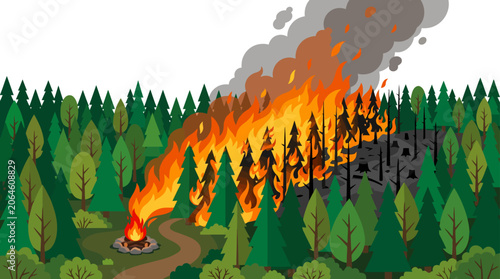 Schilderij op canvas Wildfire burning through pine forest with thick smoke